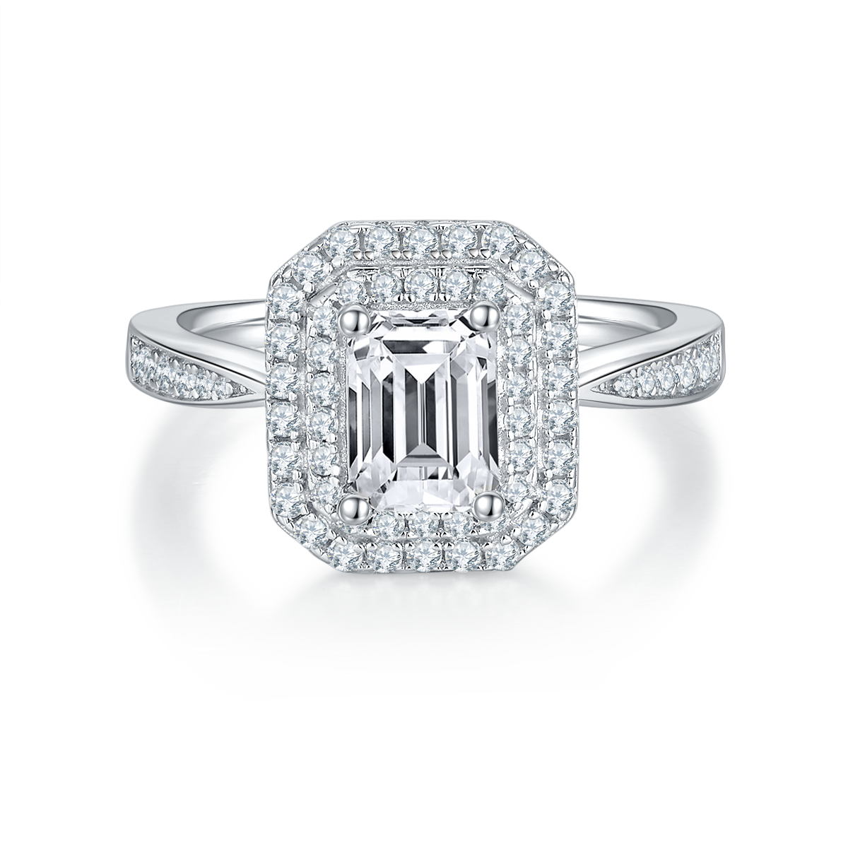 1.0 CT D Color Emerald Cut Moissanite Halo Ring in White Gold Plated Sterling Silver#7
