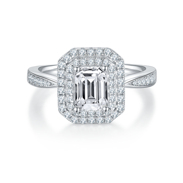 1.0 CT D Color Emerald Cut Moissanite Halo Ring in White Gold Plated Sterling Silver#7