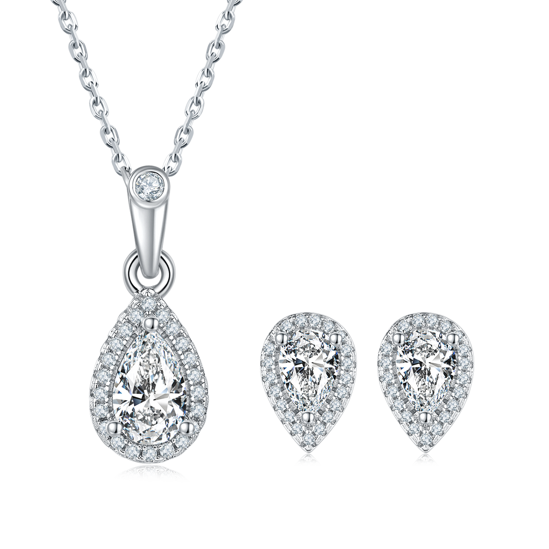 Pear Cut Moissanite Dainty Pendant & Stud Earrings Set in White Gold Plated Sterling Silver#4