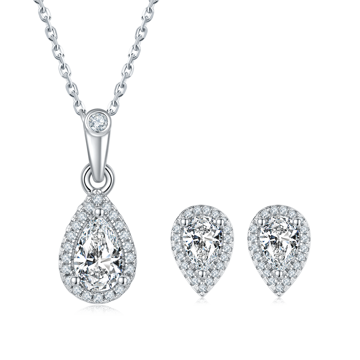 Pear Cut Moissanite Dainty Pendant & Stud Earrings Set in White Gold Plated Sterling Silver#4