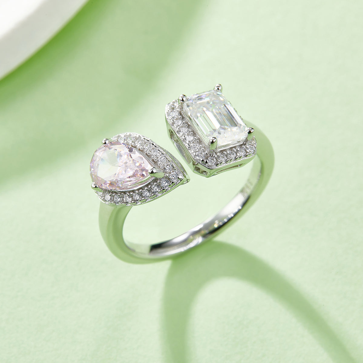 1.0 CT D Color Pear Crushed Ice and Emerald Cut Moissanite Ring in White Gold Plated Sterling Silver#8