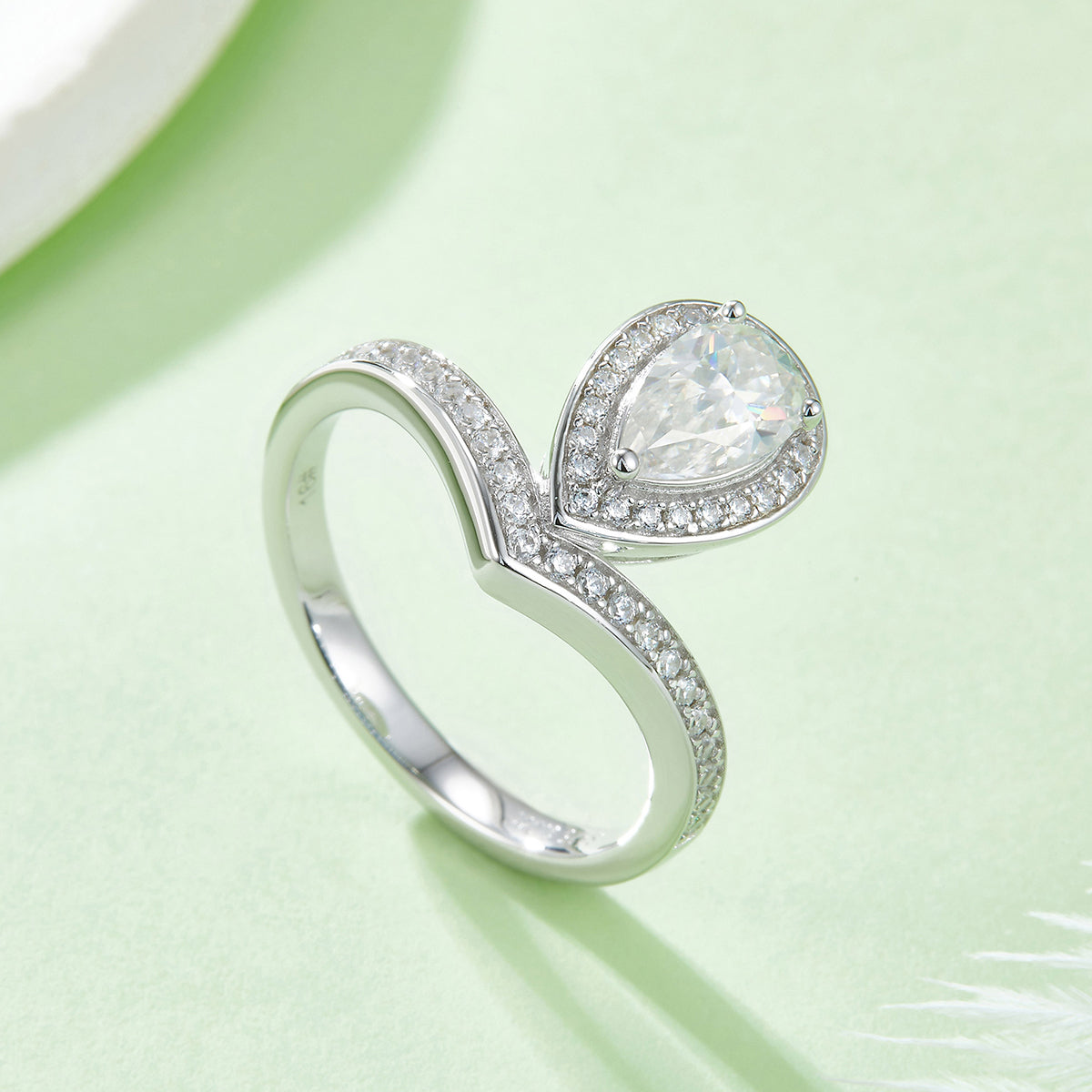 1.0 CT D Color Colored Moissanite V-Shaped Tiger Prong Pear Ring in White Gold Plated Sterling Silver#5