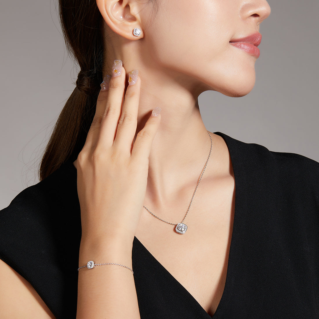square Bezel Set Moissanite Luxury Pendant & Stud Earrings Set in White Gold Plated Sterling Silver#3