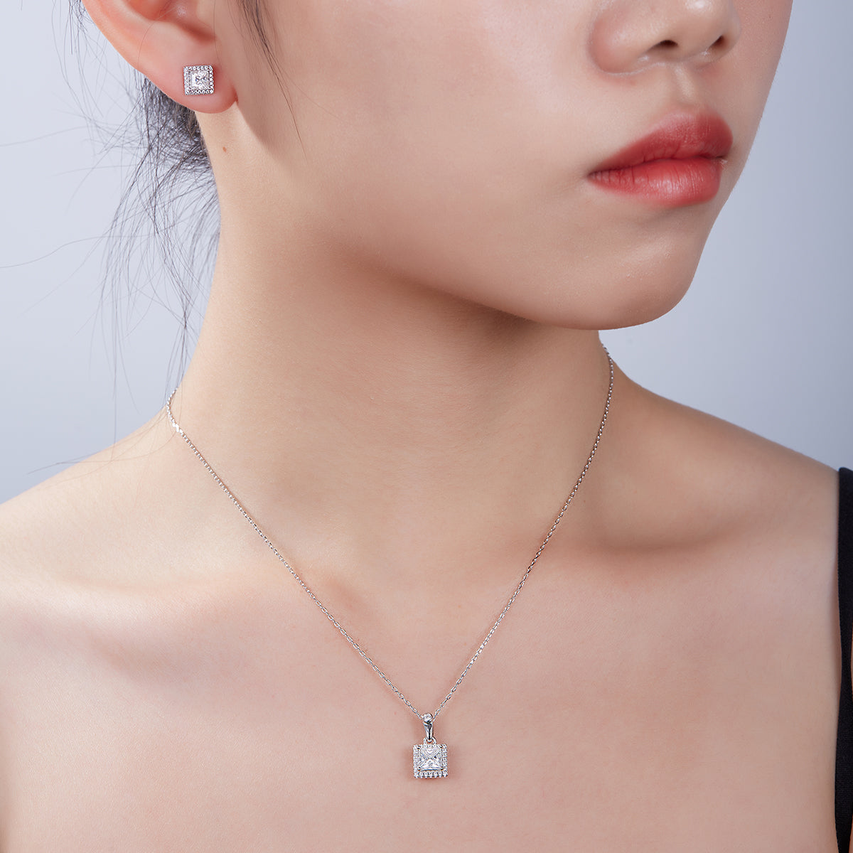 Princess Cut Moissanite Dainty Pendant & Stud Earrings Set in White Gold Plated Sterling Silver#10