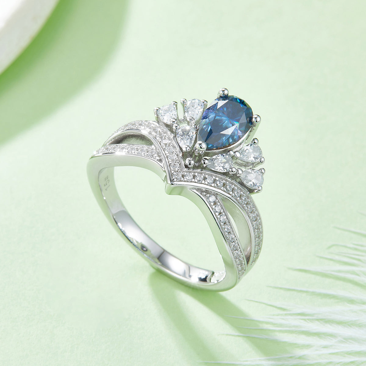 1.0 CT D Color Colored Moissanite V-Shaped Elegant Pear Drop Ring in White Gold Plated Sterling Silver#10