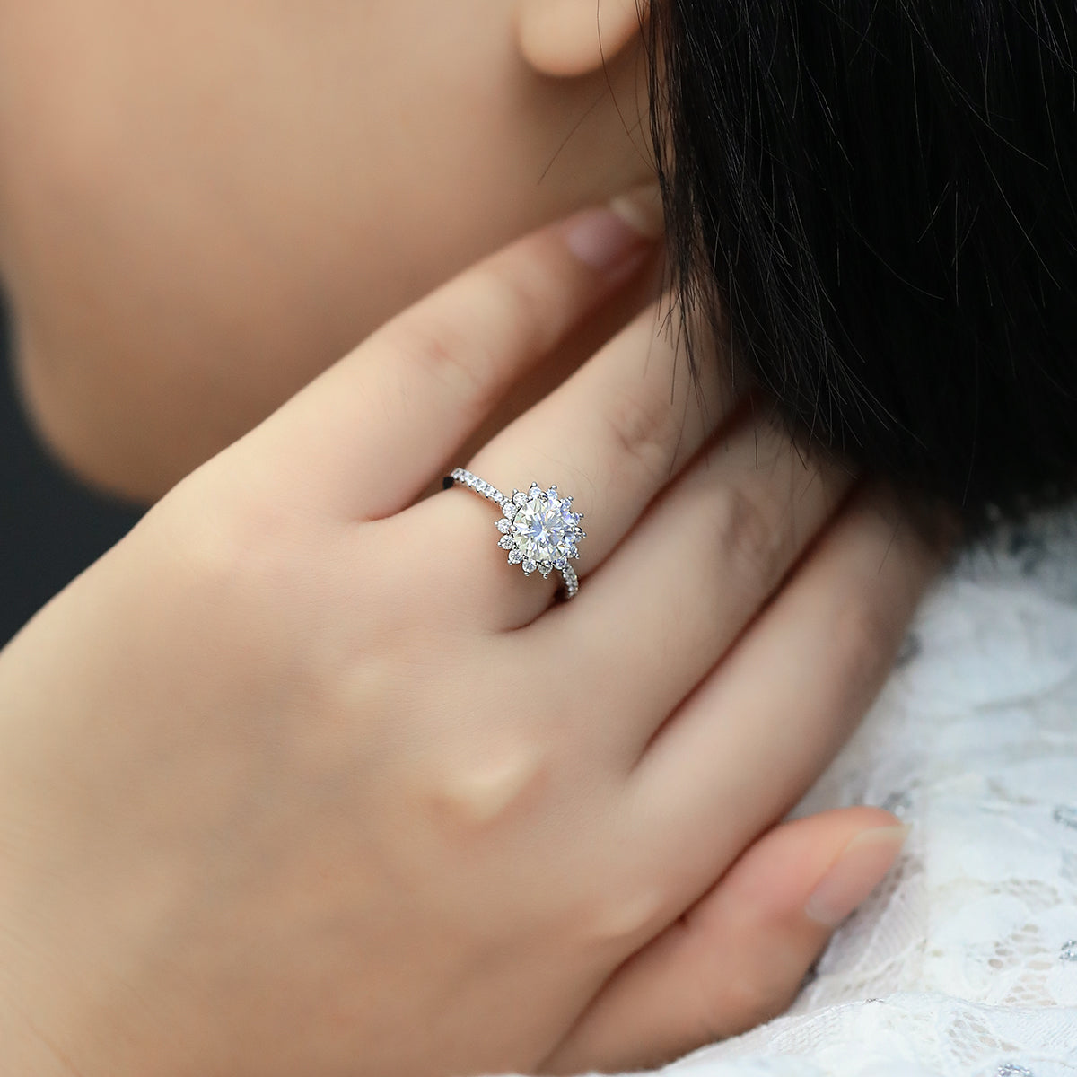 1.5 CT D Color Moissanite Sunflower Custom Ring in White Gold Plated Sterling Silver#12