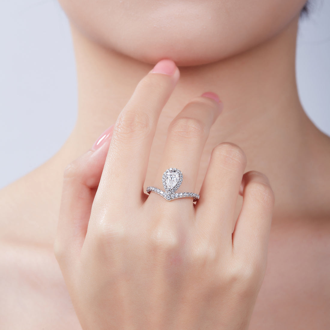 1.0 CT D Color Colored Moissanite V-Shaped Minimalist Pear Ring in White Gold Plated Sterling Silver#11