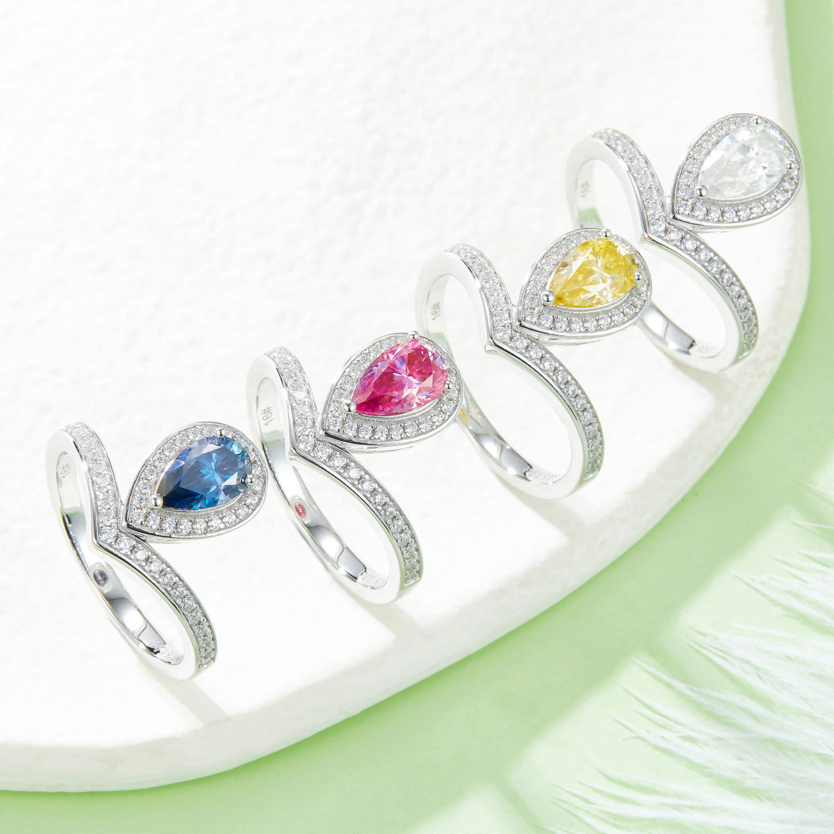 1.0 CT D Color Colored Moissanite V-Shaped Tiger Prong Pear Ring in White Gold Plated Sterling Silver#11