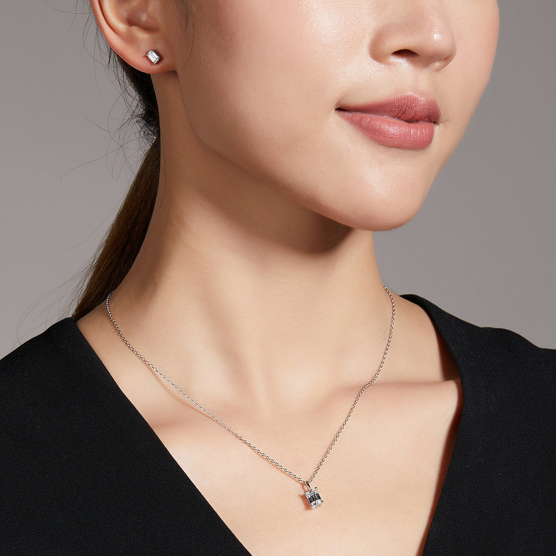 Emerald Cut Moissanite Classic Pendant & Stud Earrings Set in White Gold Plated Sterling Silver#6