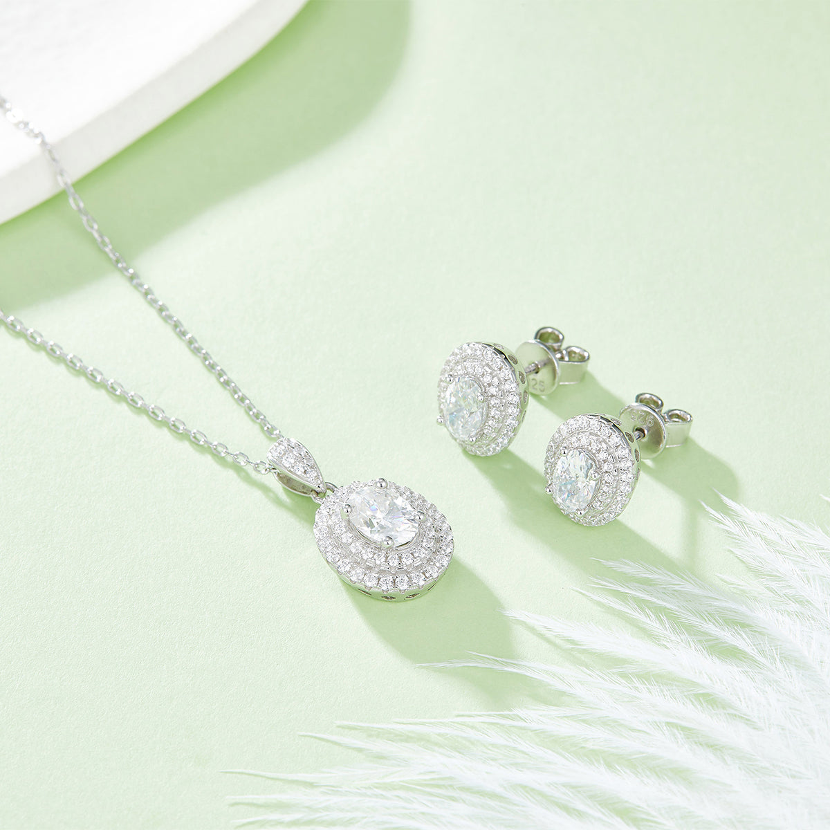 Oval Cut Moissanite Halo Pendant & Stud Earrings Set in White Gold Plated Sterling Silver#9