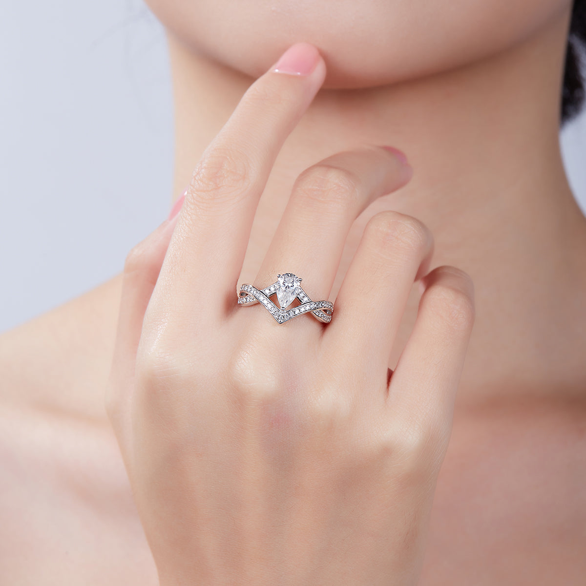 1.0 CT D Color Colored Moissanite V-Shaped Lock of Love Pear Ring in White Gold Plated Sterling Silver#13
