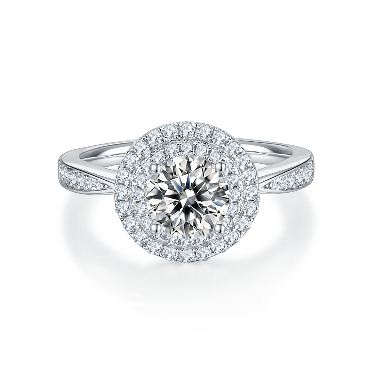 1.0 CT D Color Round Cut Moissanite Halo Ring in White Gold Plated Sterling Silver#7