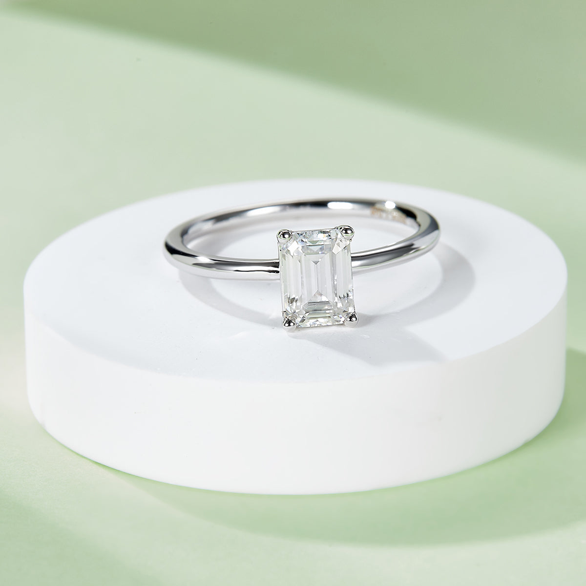 1.0 CT D Color Emerald Cut Moissanite Classic Ring in White Gold Plated Sterling Silver#7