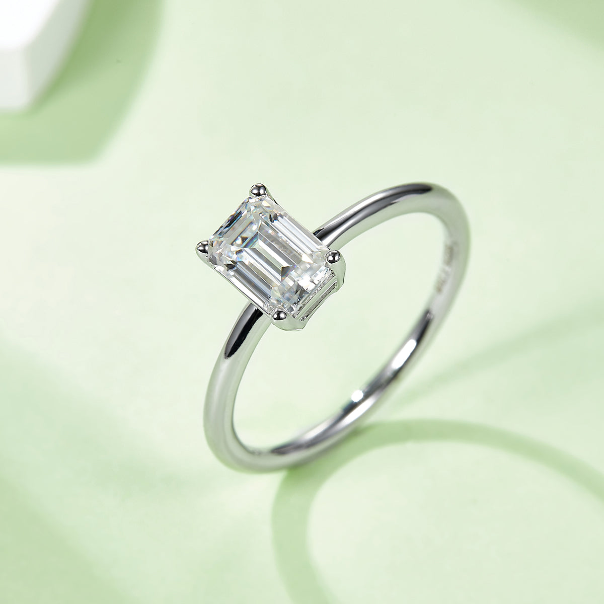 1.0 CT D Color Emerald Cut Moissanite Classic Ring in White Gold Plated Sterling Silver#5
