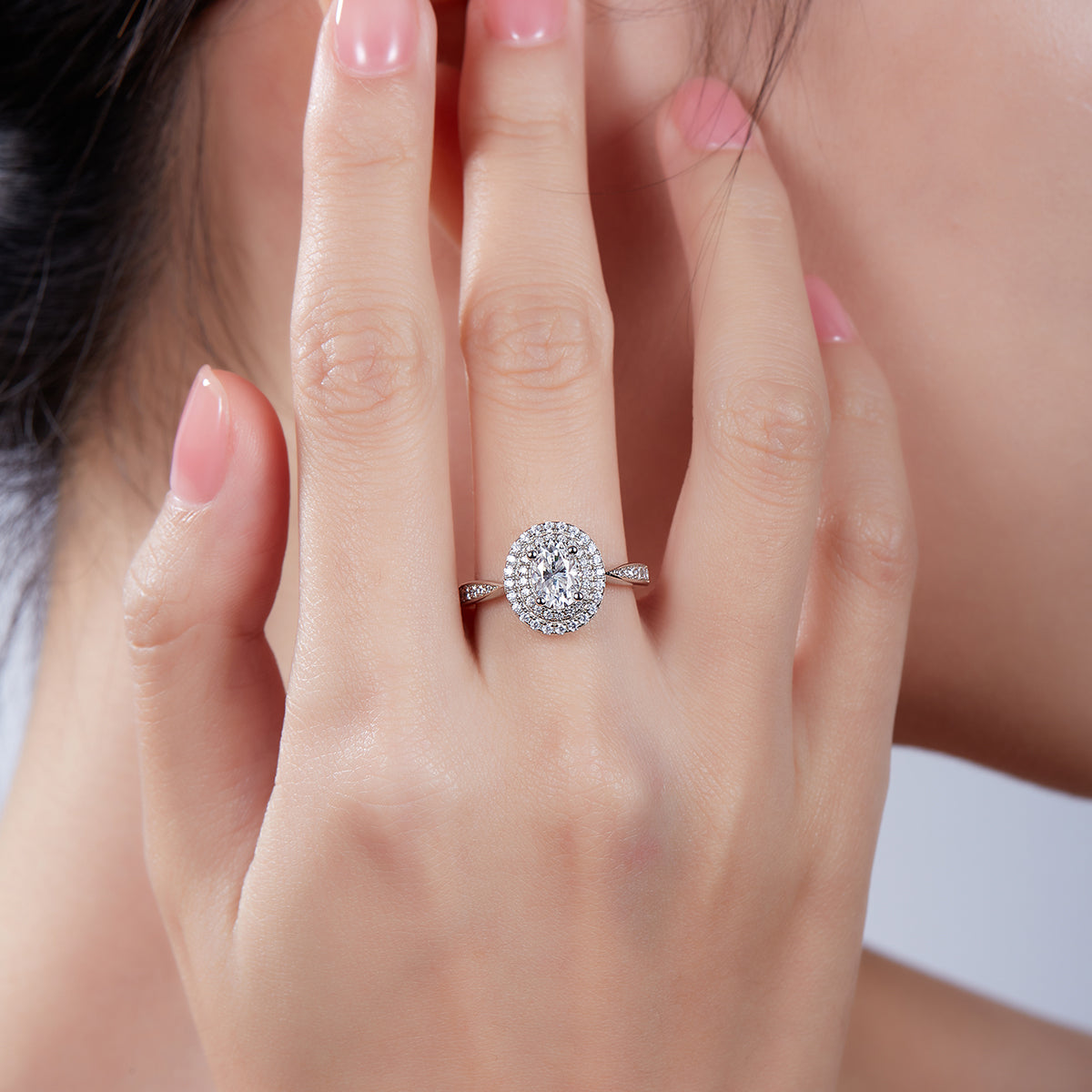1.0 CT D Color Oval Cut Moissanite Halo Ring in White Gold Plated Sterling Silver#8