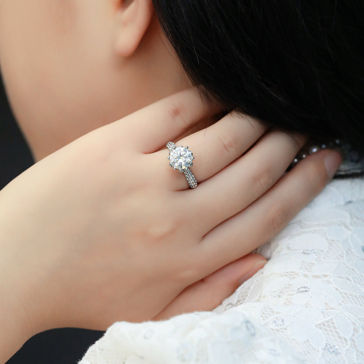 3.0 CT D Color Moissanite Flora Halo Straight Shank Custom Ring in White Gold Plated Sterling Silver#12