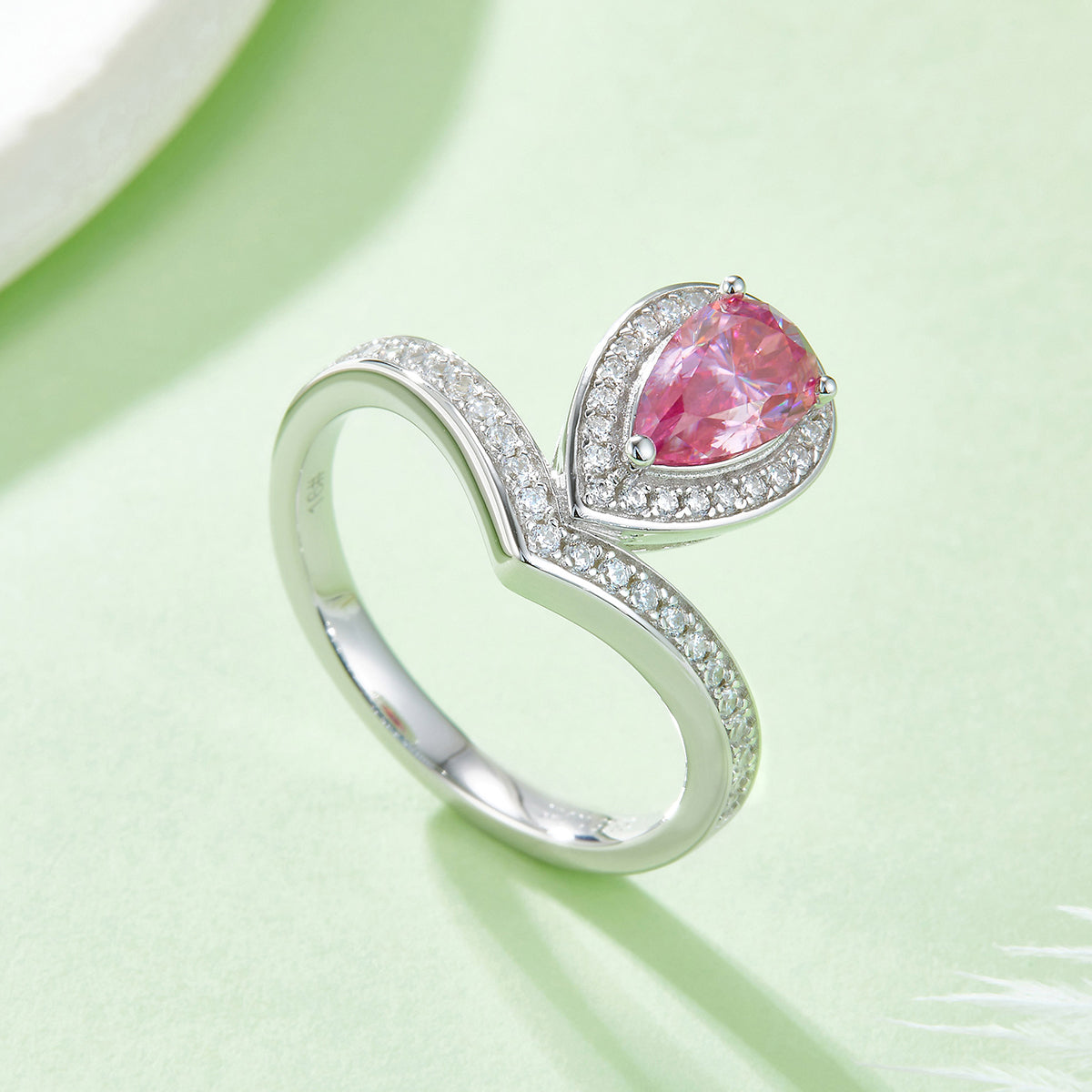 1.0 CT D Color Colored Moissanite V-Shaped Tiger Prong Pear Ring in White Gold Plated Sterling Silver#8