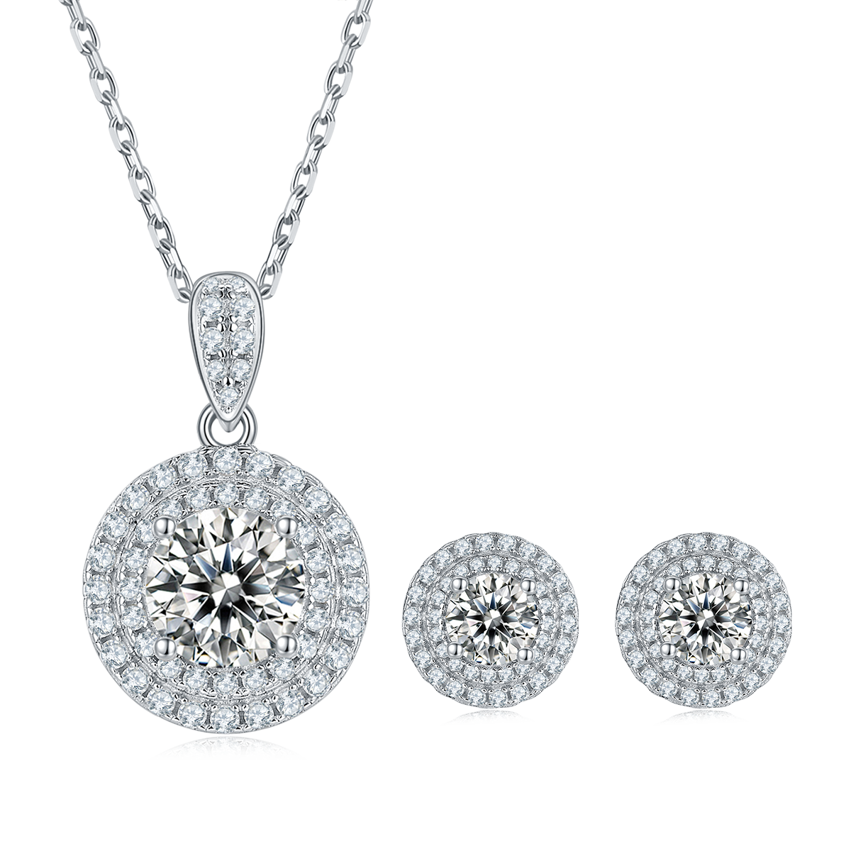 Round Cut Moissanite Halo Pendant & Stud Earrings Set in White Gold Plated Sterling Silver#4