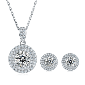 Round Cut Moissanite Halo Pendant & Stud Earrings Set in White Gold Plated Sterling Silver#4