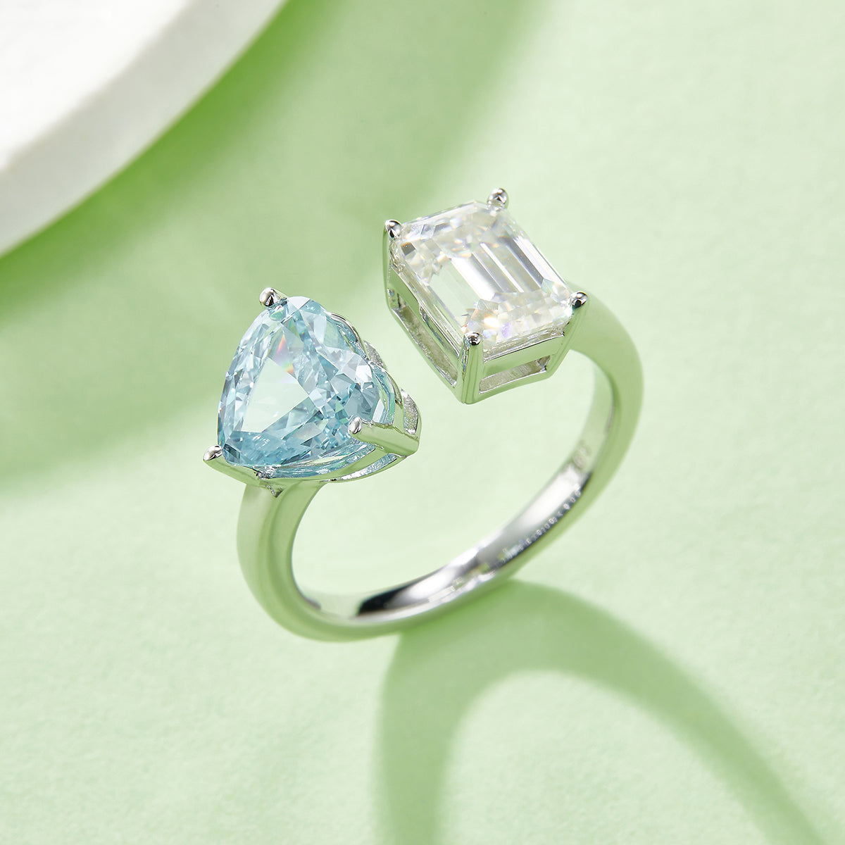 2.0 CT D Color Heart Crushed Ice and Emerald Cut Moissanite Ring in White Gold Plated Sterling Silver#10