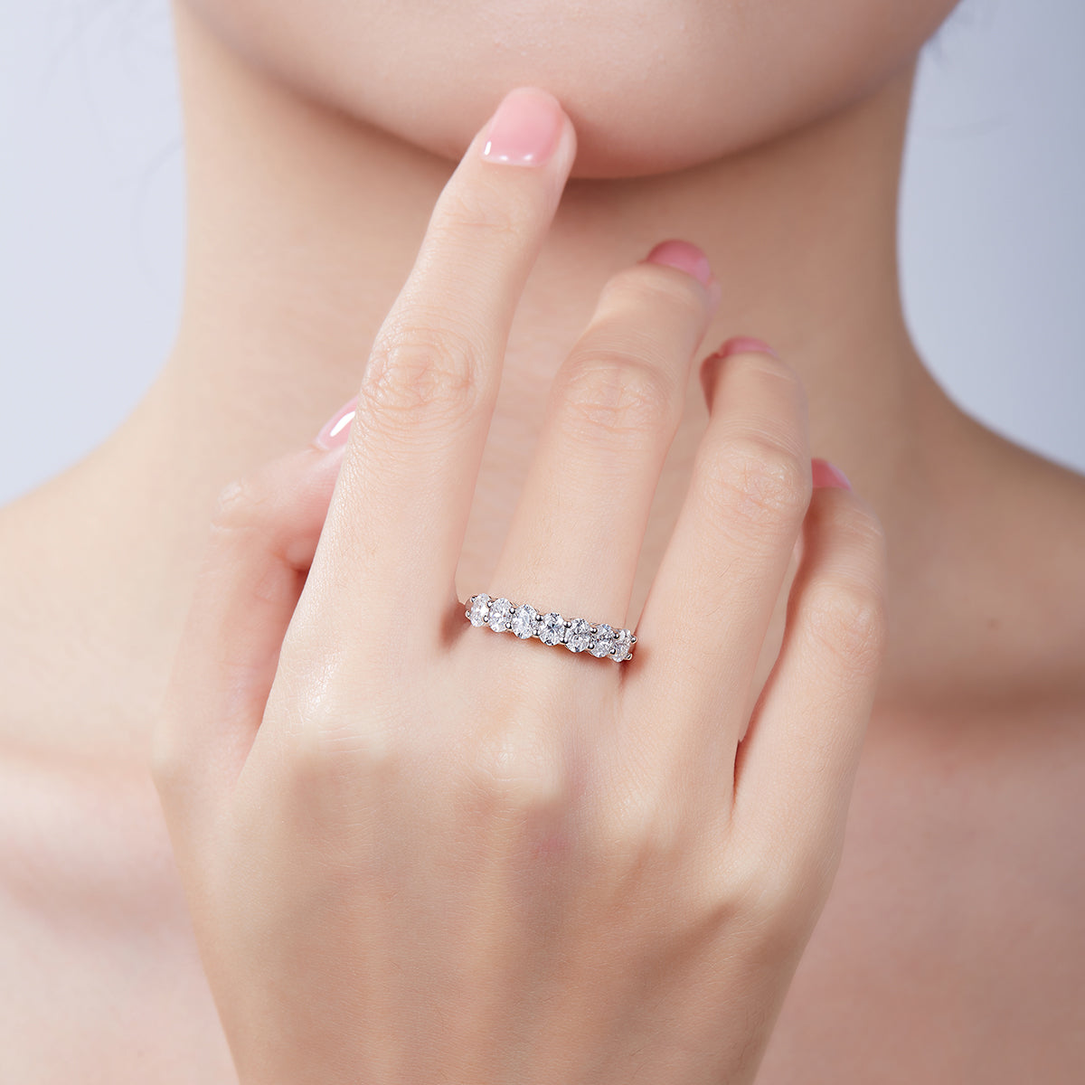 2.1 CT D Color Oval Cut Moissanite Eternity Band in White Gold Plated Sterling Silver#8