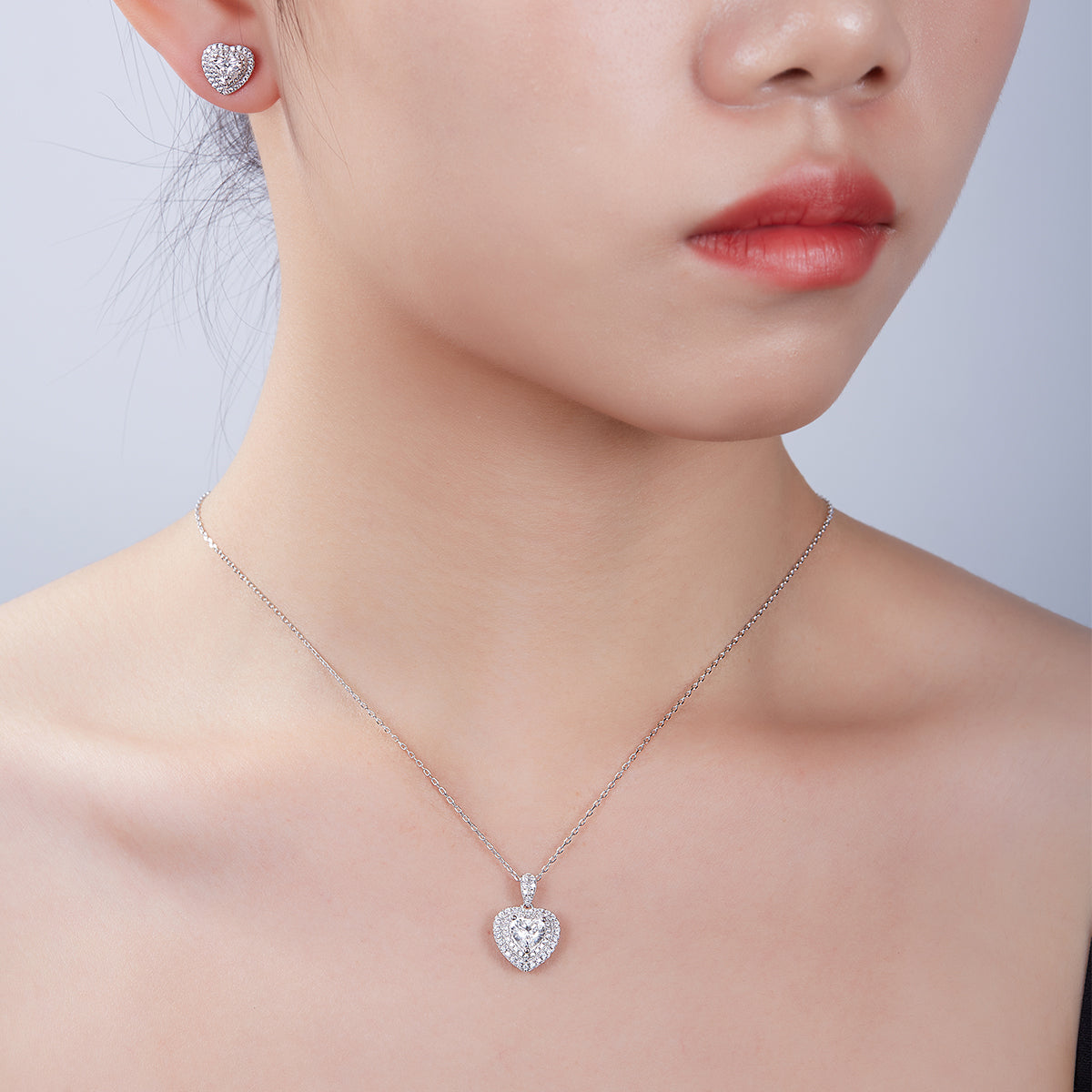 Heart Cut Moissanite Halo Pendant & Stud Earrings Set in White Gold Plated Sterling Silver#10