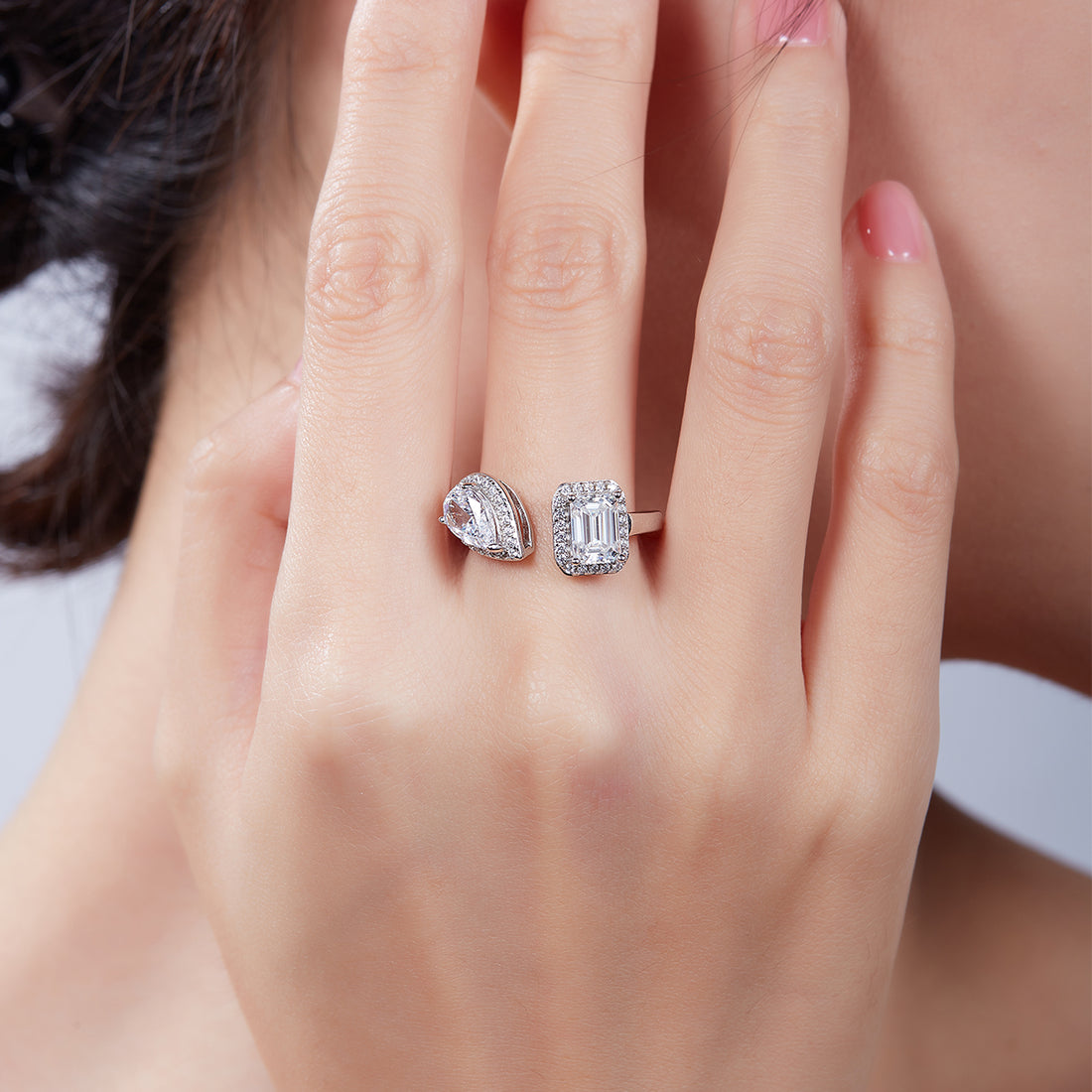 1.0 CT D Color Pear Crushed Ice and Emerald Cut Moissanite Ring in White Gold Plated Sterling Silver#6
