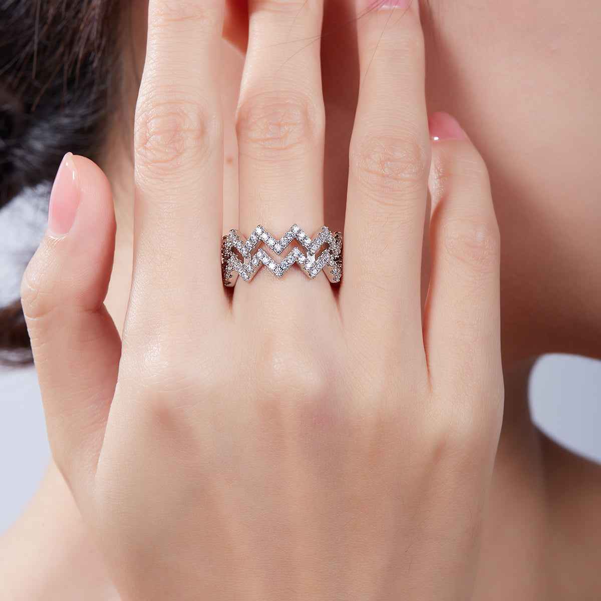 Z-Shaped Moissanite Melee Bridal Ring Set in White Gold Plated Sterling Silver#7