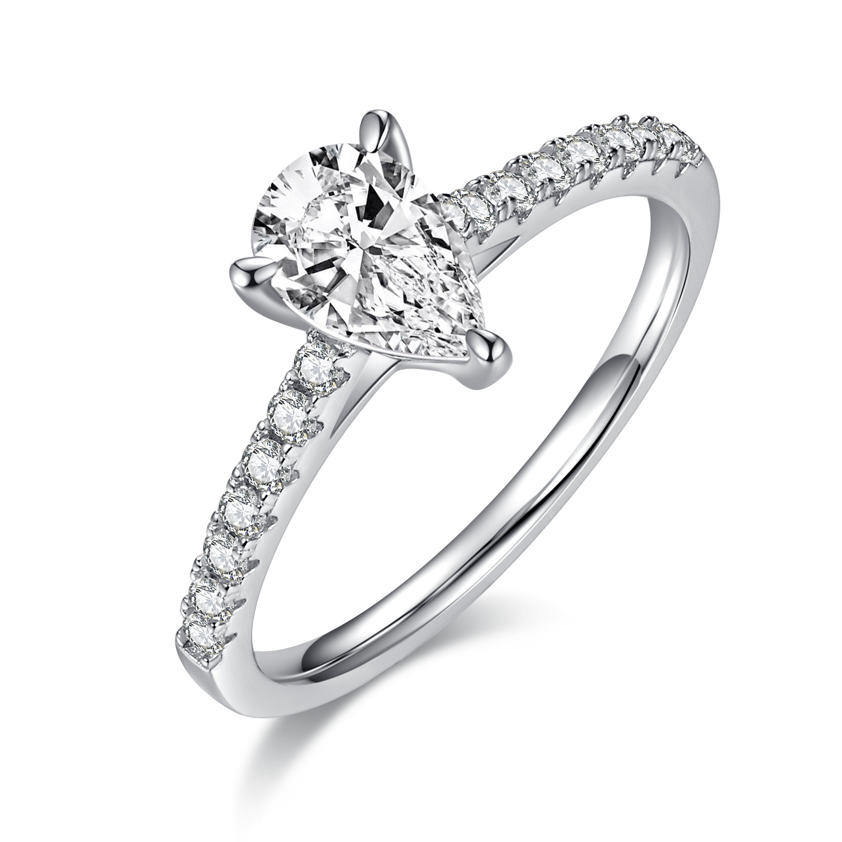 1.0 CT D Color Pear Cut Moissanite Pave Custom Ring in White Gold Plated Sterling Silver#7