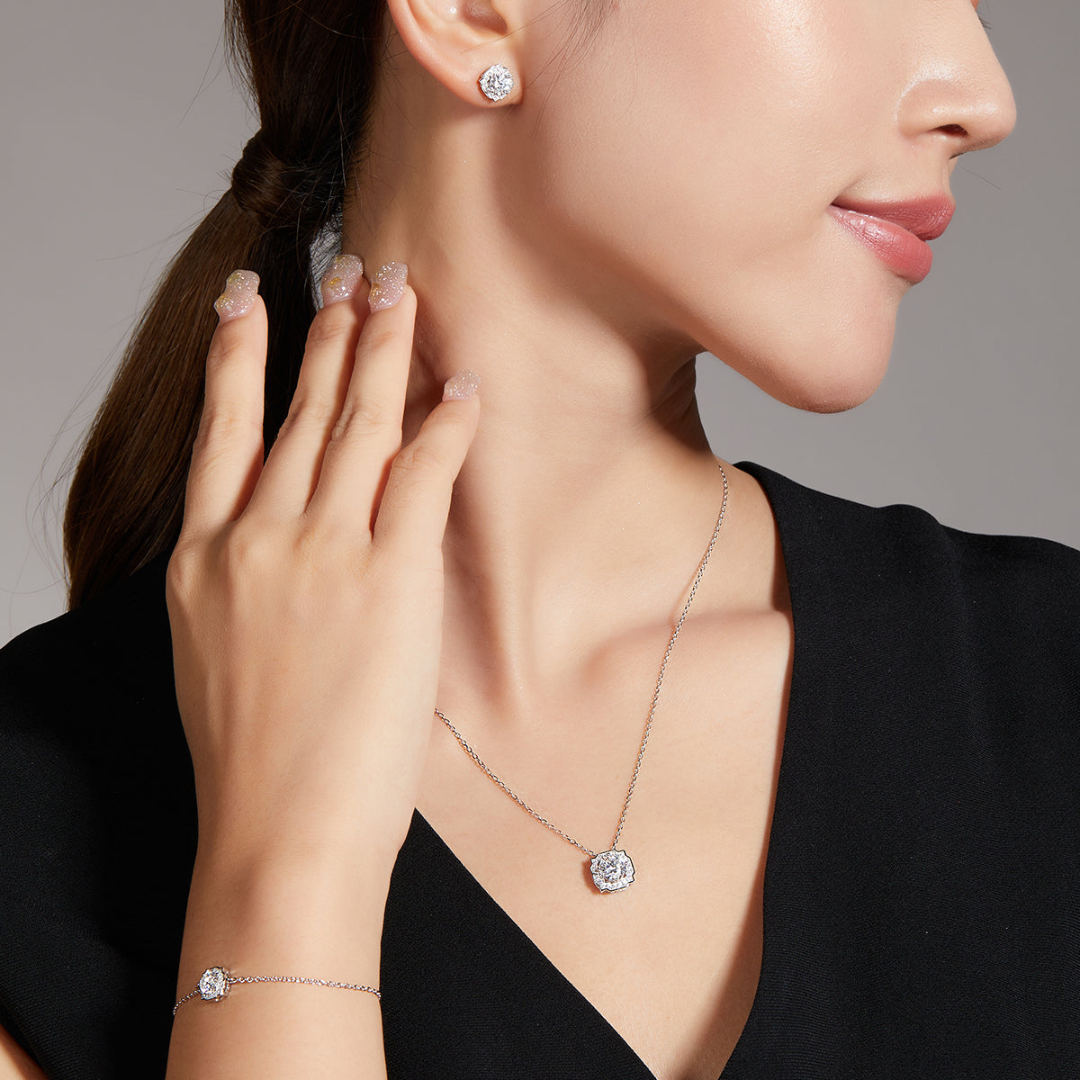 Moissanite Classic Luxury Halo Pendant & Stud Earrings Set in White Gold Plated Sterling Silver#10