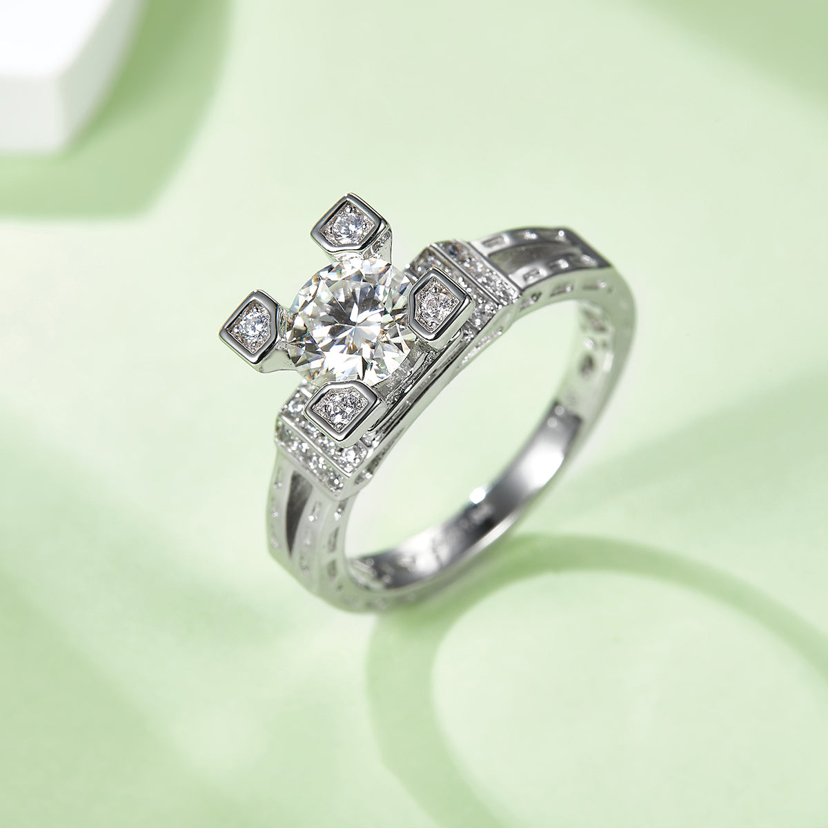 1.0 CT D Color Moissanite Eiffel Tower Custom Ring in White Gold Plated Sterling Silver#7