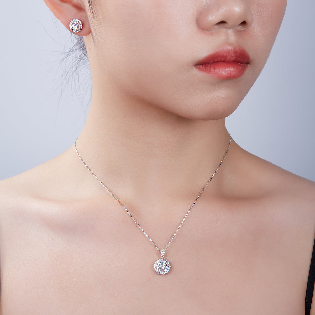 Round Cut Moissanite Halo Pendant & Stud Earrings Set in White Gold Plated Sterling Silver#10