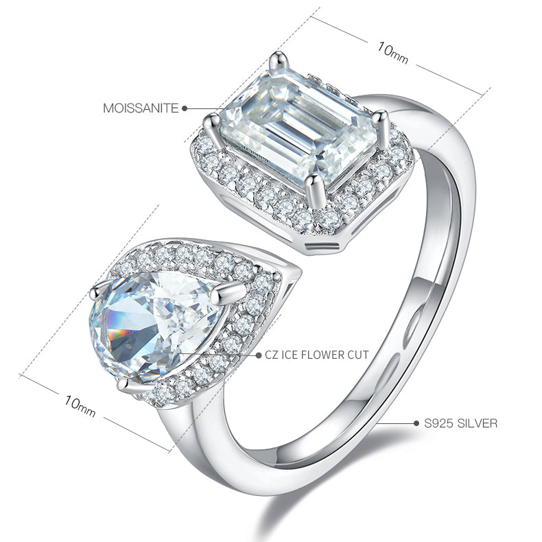 1.0 CT D Color Pear Crushed Ice and Emerald Cut Moissanite Ring in White Gold Plated Sterling Silver#4
