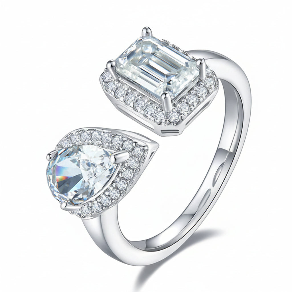 1.0 CT D Color Pear Crushed Ice and Emerald Cut Moissanite Ring in White Gold Plated Sterling Silver