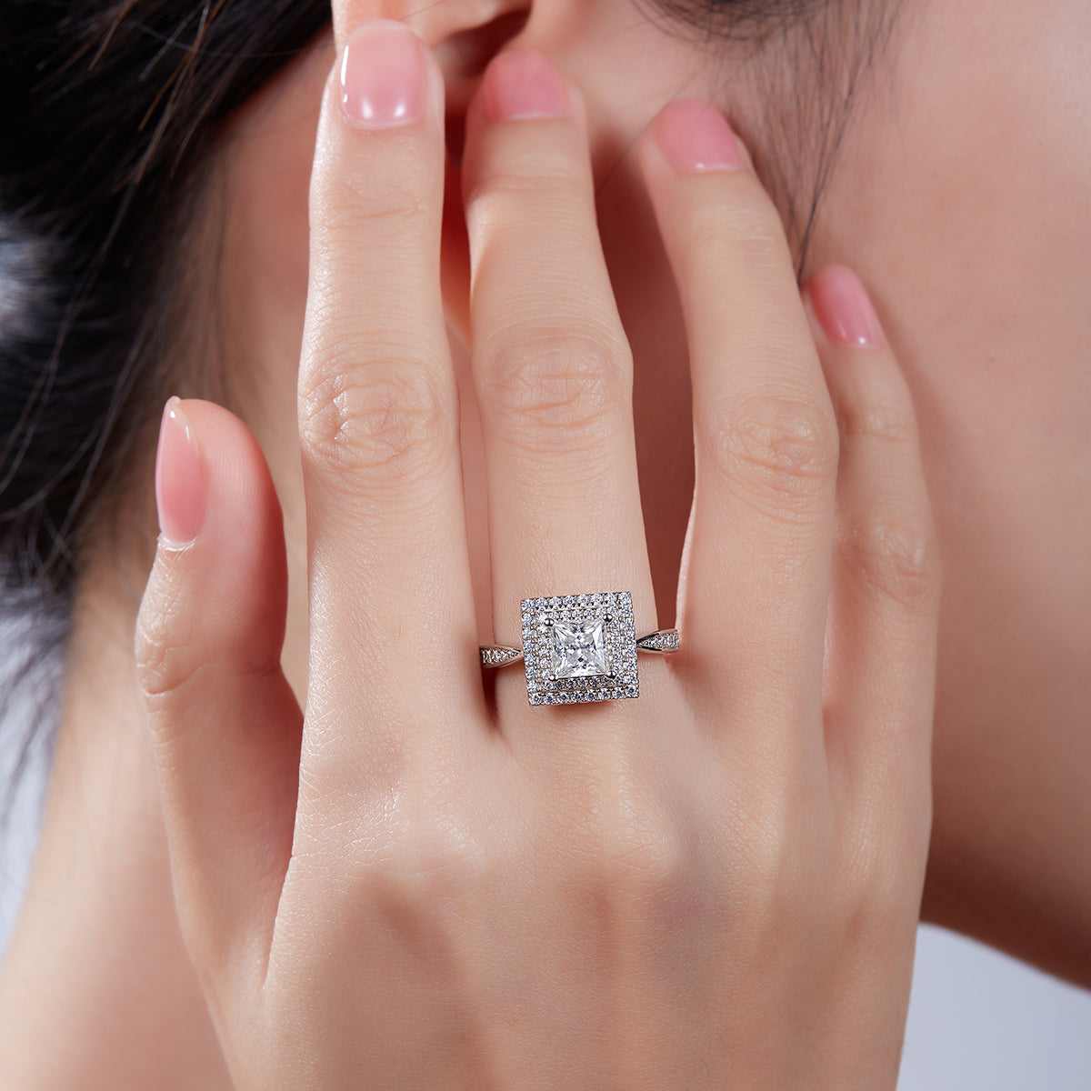 1.0 CT D Color Princess Cut Moissanite Halo Ring in White Gold Plated Sterling Silver#8