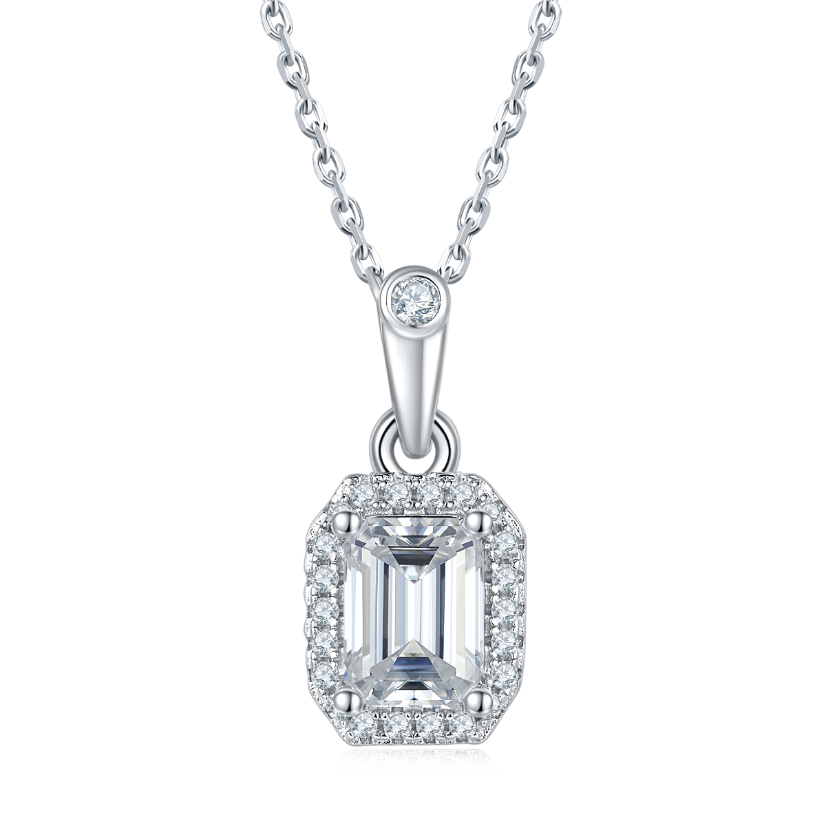 Emerald Cut Moissanite Dainty Pendant & Stud Earrings Set in White Gold Plated Sterling Silver#5