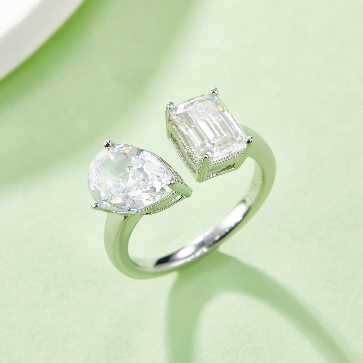 2.0 CT D Color Pear Crushed Ice and Emerald Cut Moissanite Ring in White Gold Plated Sterling Silver#7