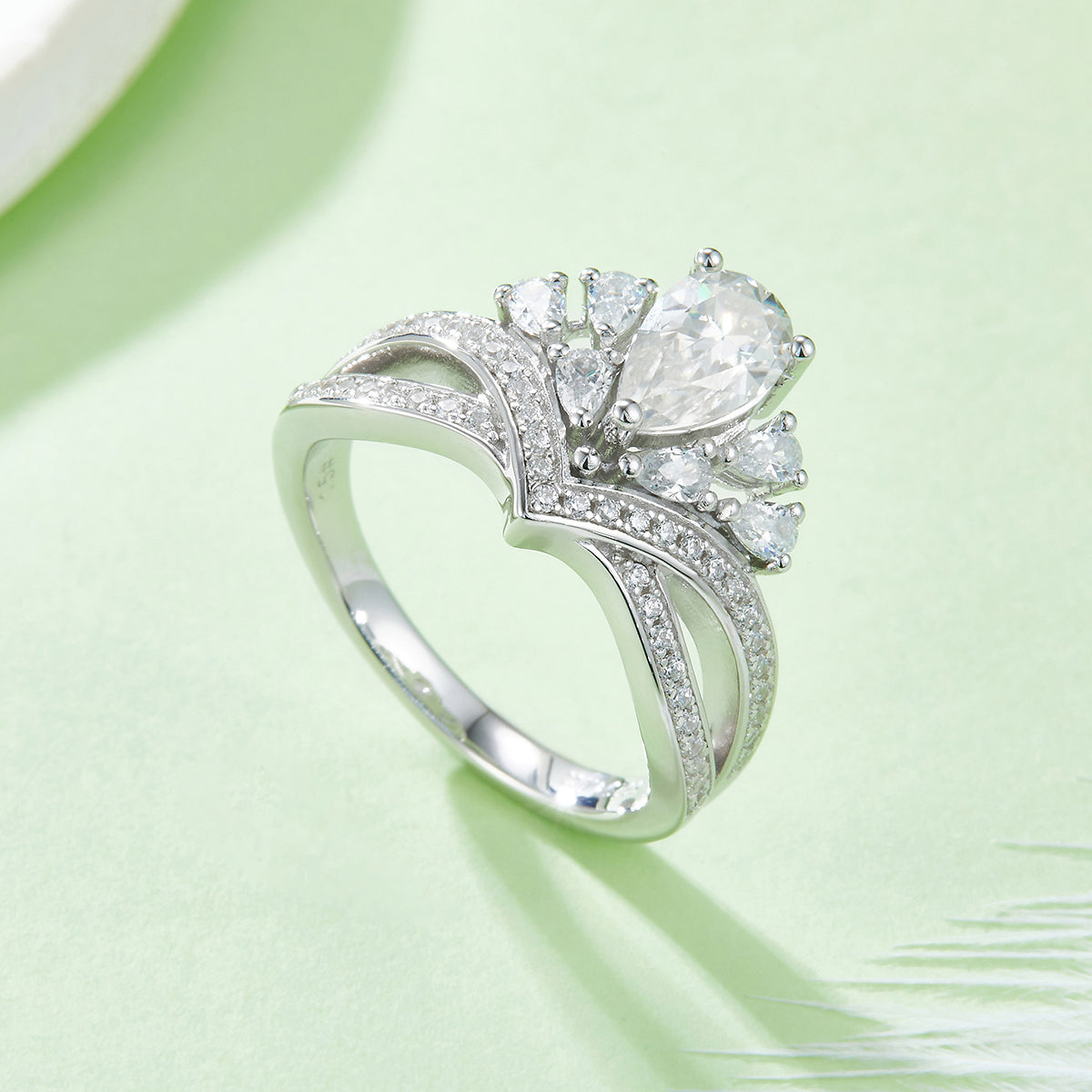 1.0 CT D Color Colored Moissanite V-Shaped Elegant Pear Drop Ring in White Gold Plated Sterling Silver#5