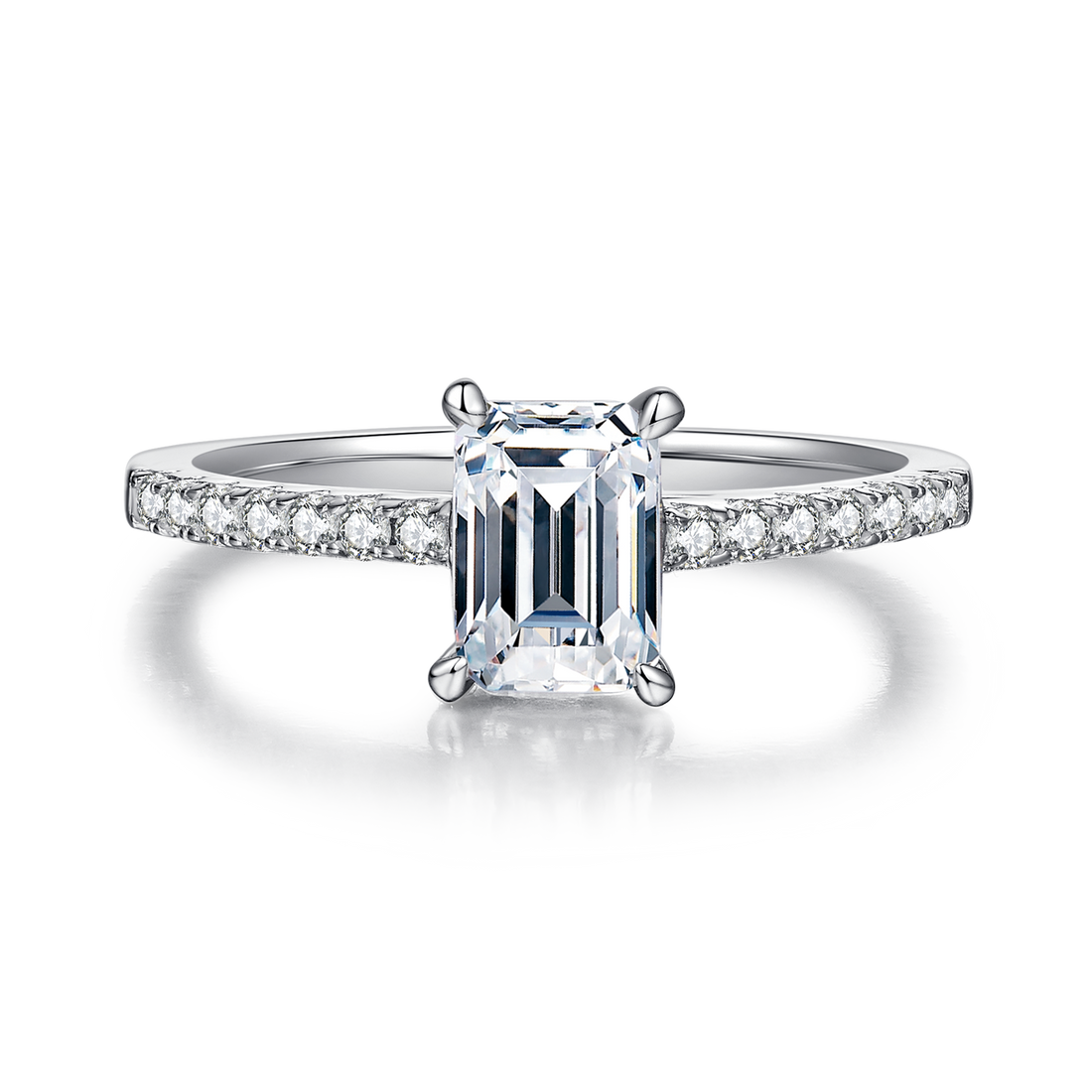 1.0 CT D Color Emerald Cut Moissanite Pave Custom Ring in White Gold Plated Sterling Silver#5