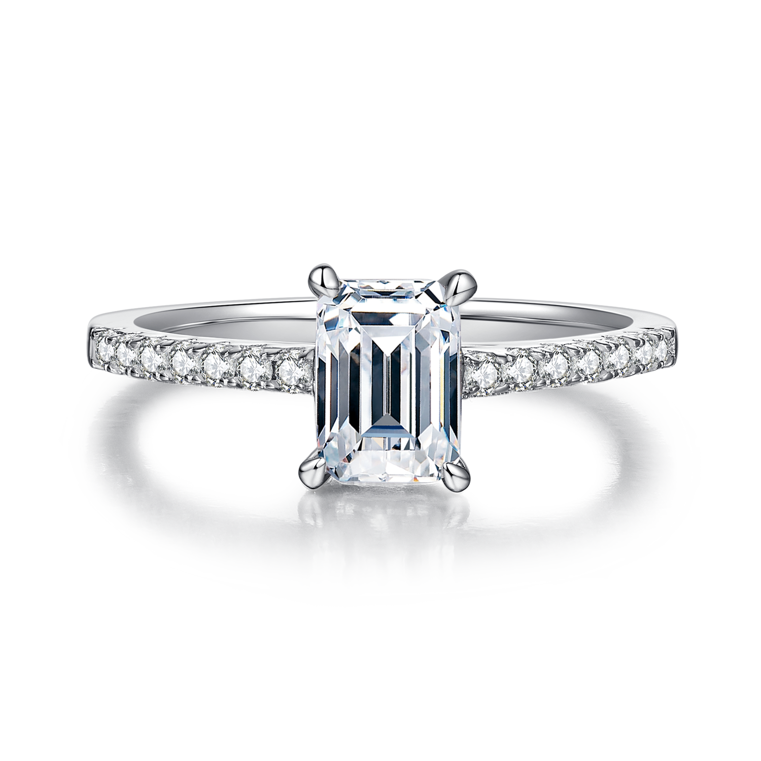1.0 CT D Color Emerald Cut Moissanite Pave Custom Ring in White Gold Plated Sterling Silver#5