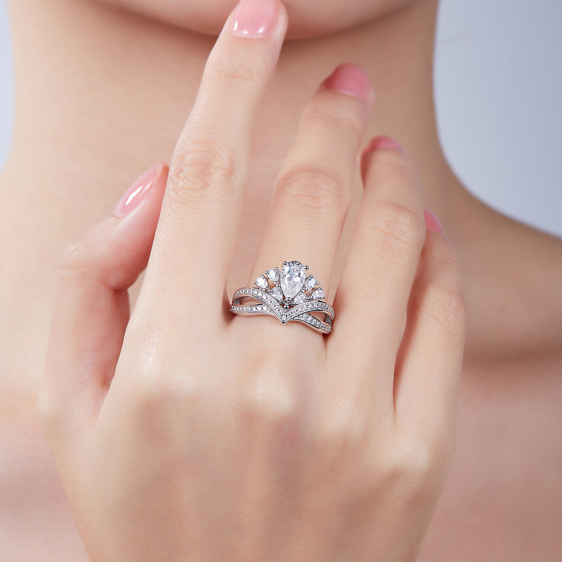 1.0 CT D Color Colored Moissanite V-Shaped Elegant Pear Drop Ring in White Gold Plated Sterling Silver#12
