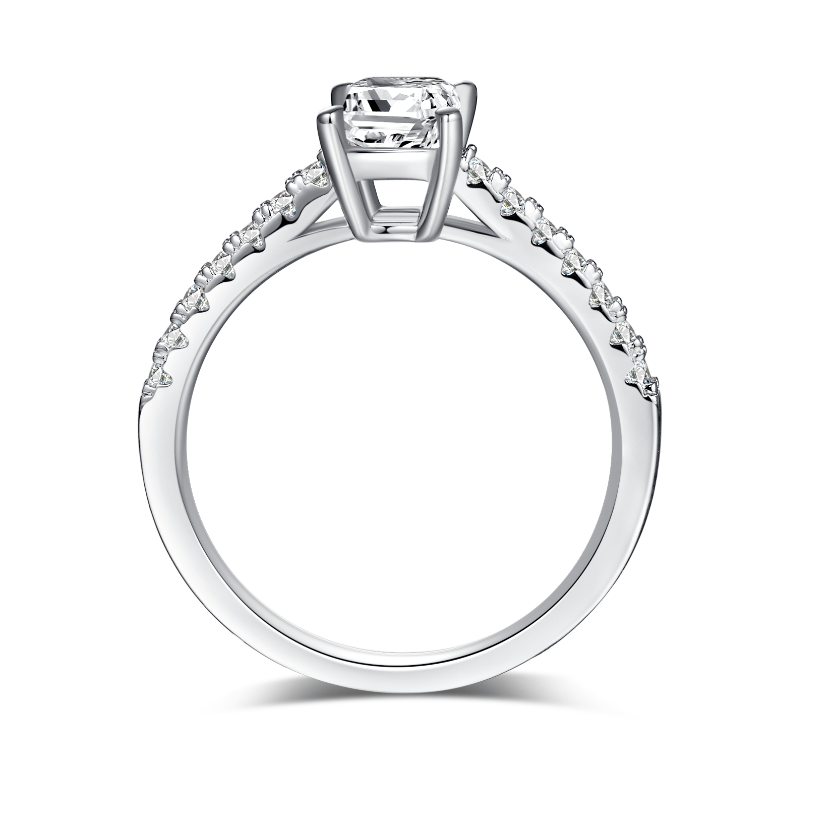 1.0 CT D Color Emerald Cut Moissanite Pave Custom Ring in White Gold Plated Sterling Silver#6