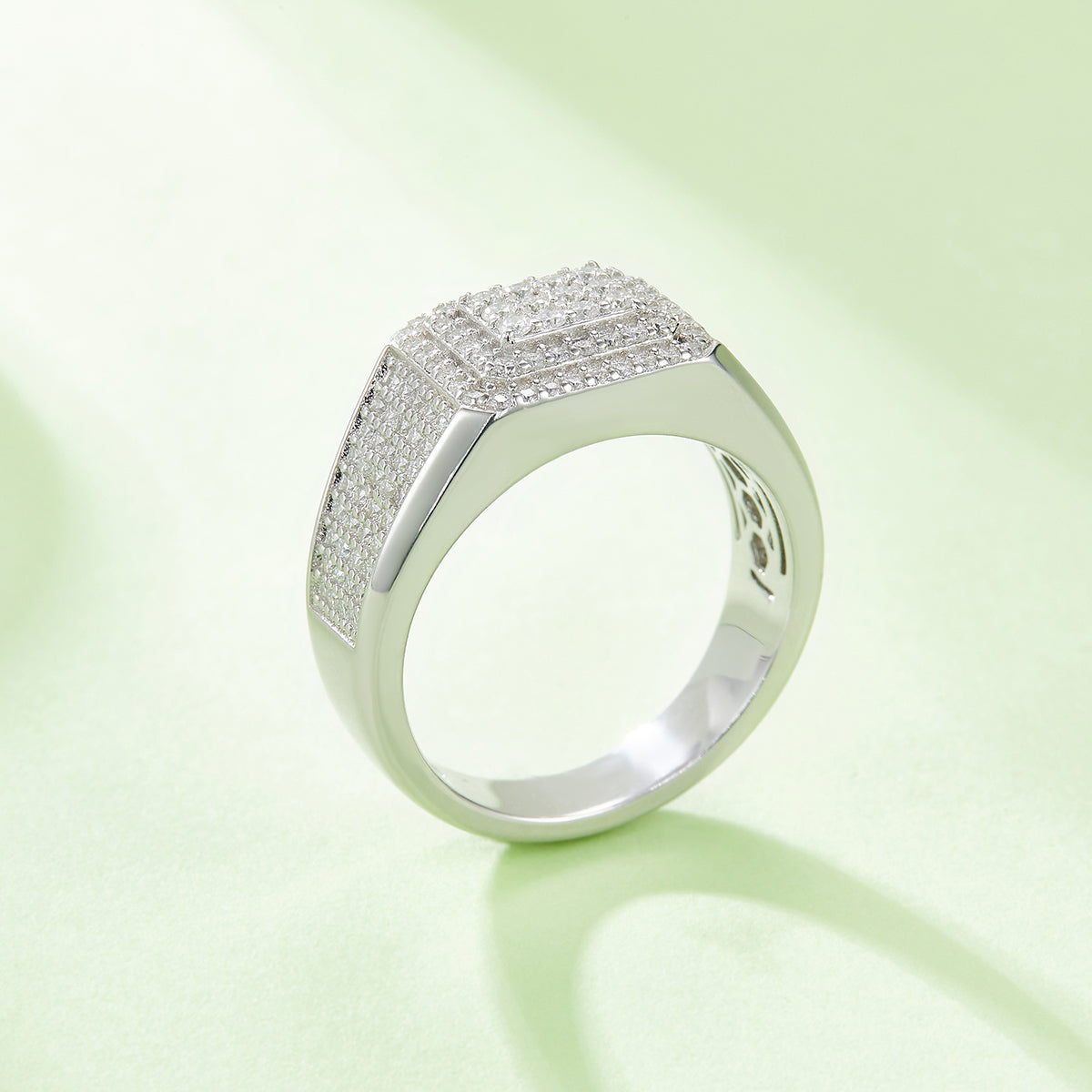 0.84 CT D Color Moissanite Melee Halo Men's Band in White Gold Plated Sterling Silver#4