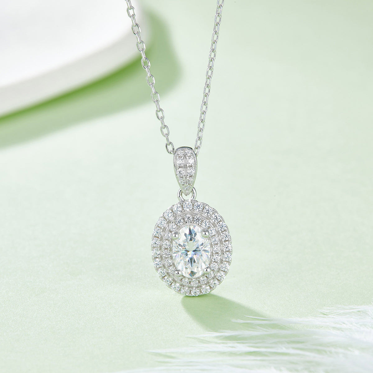 Oval Cut Moissanite Halo Pendant & Stud Earrings Set in White Gold Plated Sterling Silver#7