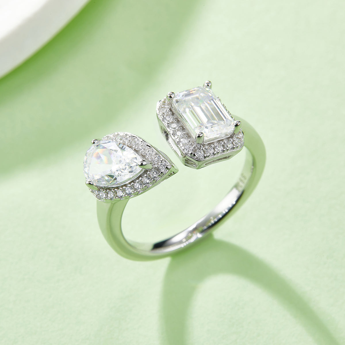 1.0 CT D Color Pear Crushed Ice and Emerald Cut Moissanite Ring in White Gold Plated Sterling Silver#7