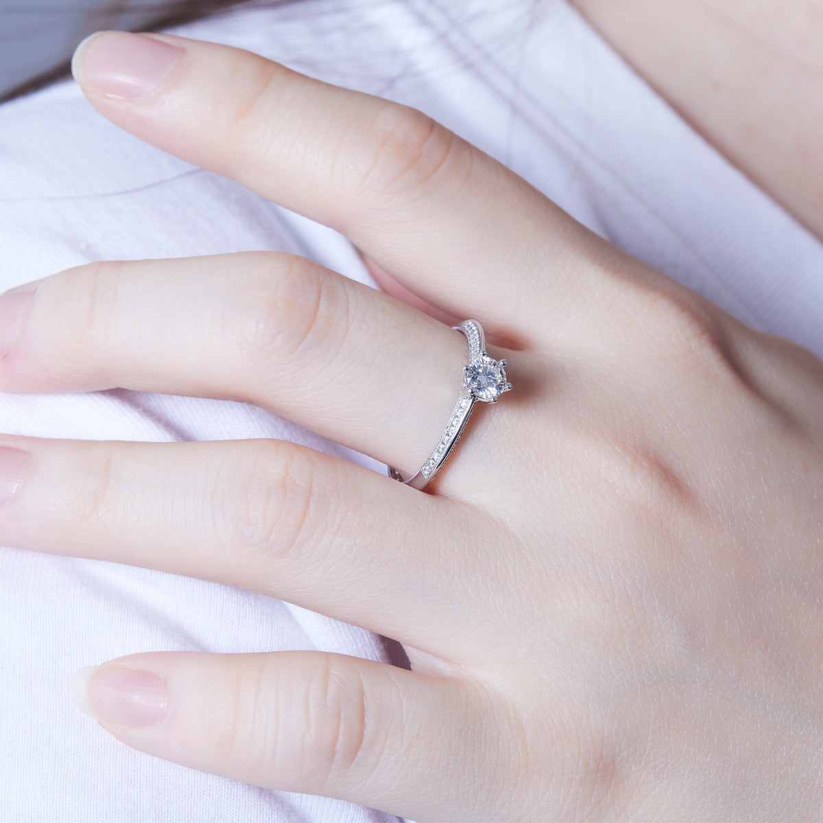 0.5 CT D Color Moissanite Majestic Halo Straight Shank Ring in White Gold Plated Sterling Silver#12