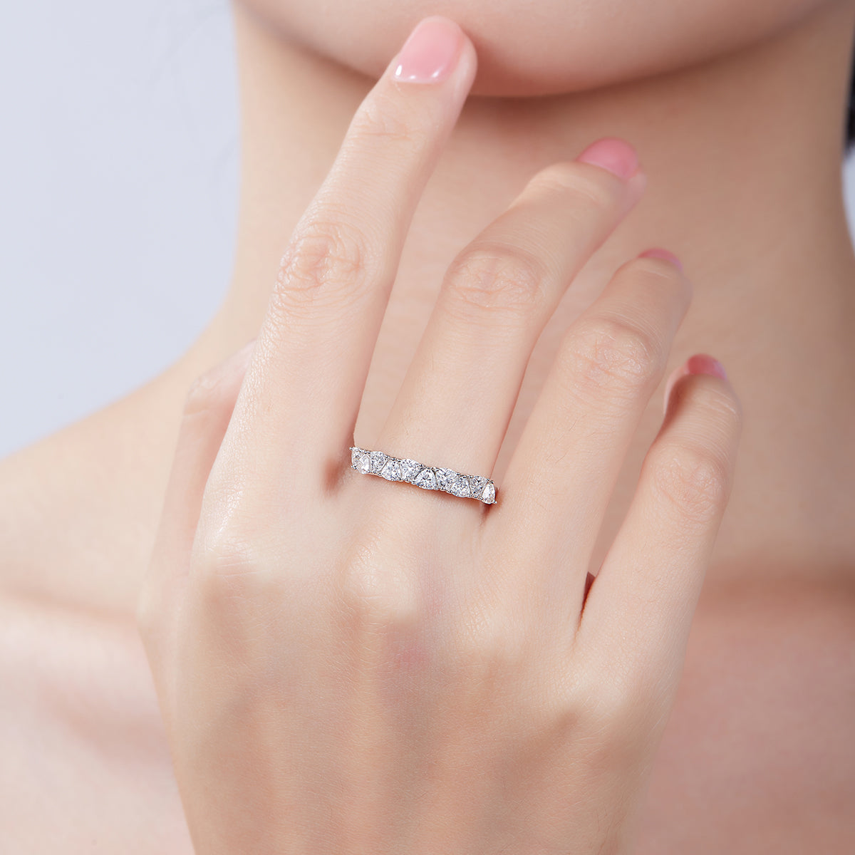1.0 CT D Color Trillion Cut Moissanite Custom Eternity Band in White Gold Plated Sterling Silver#8