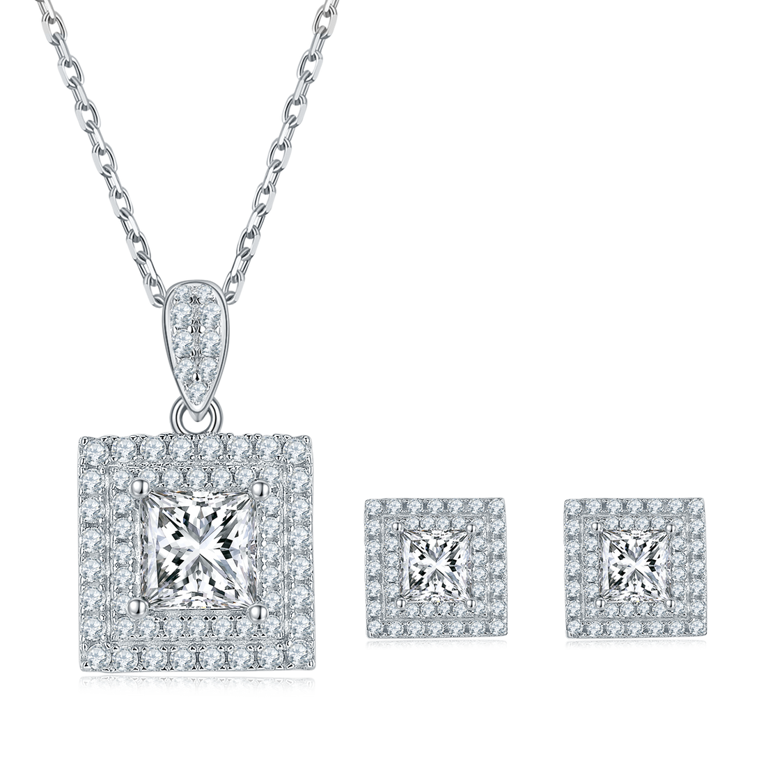 Princess Cut Moissanite Halo Pendant & Stud Earrings Set in White Gold Plated Sterling Silver#4