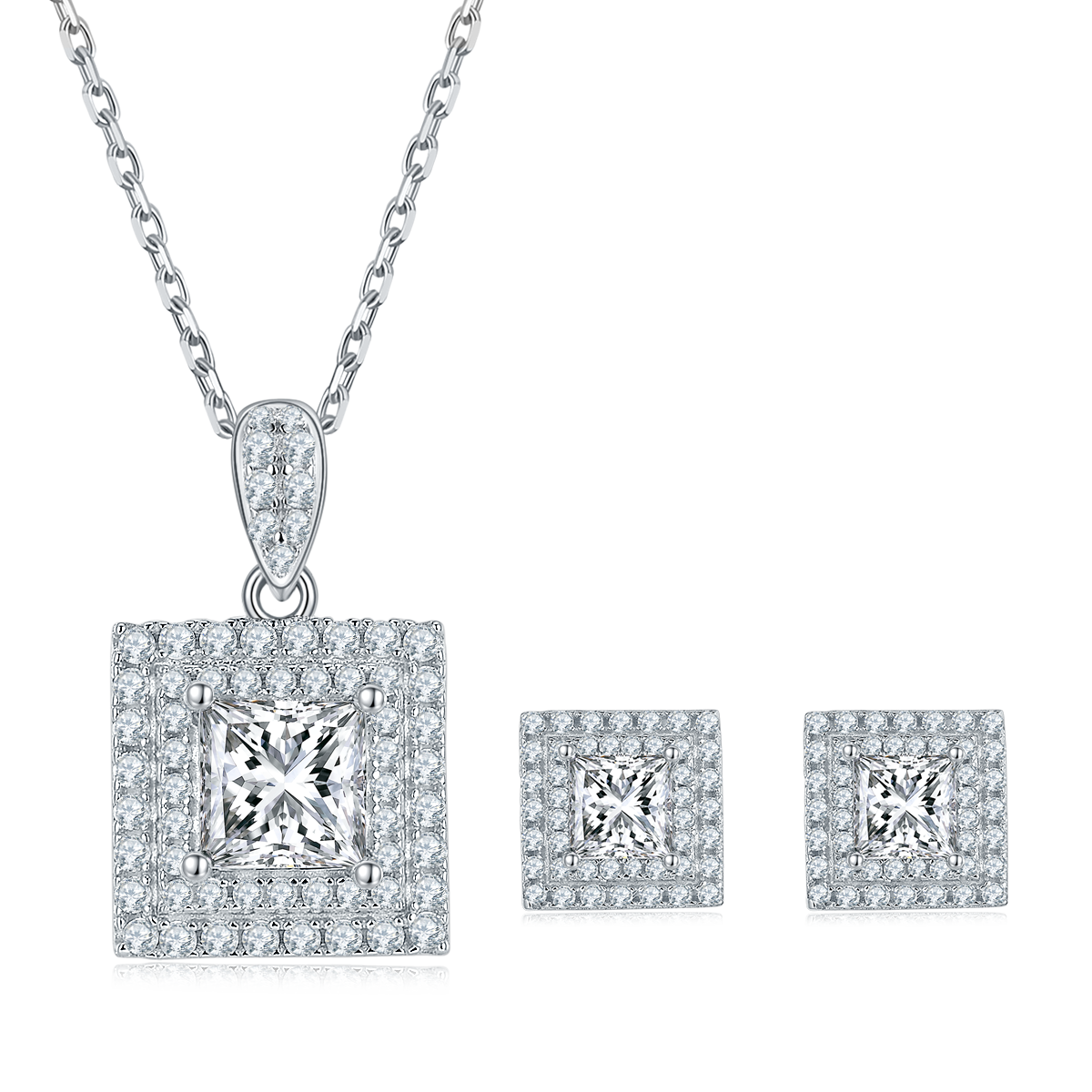 Princess Cut Moissanite Halo Pendant & Stud Earrings Set in White Gold Plated Sterling Silver#4