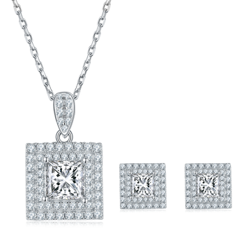 Princess Cut Moissanite Halo Pendant & Stud Earrings Set in White Gold Plated Sterling Silver#4